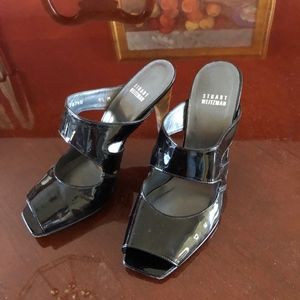 Dressy patent leather black high heeled sandal